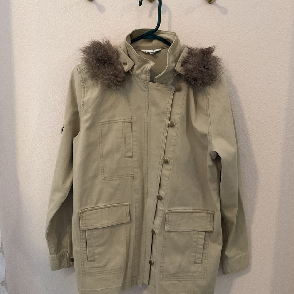 CAbi Tan Jacket with Faux Fur Trim, Raincoat, Work or Play, Like New.